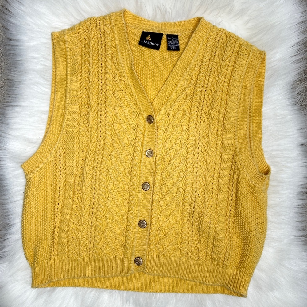 LIZSPORT Vintage 90s Mustard Yellow Chunky Knit Vest Medium Twee Indie Sleaze